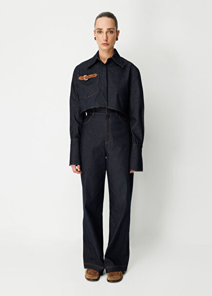 No5 Lacivert Denim Süet Detaylı Uzun Kollu Kadın Gömlek