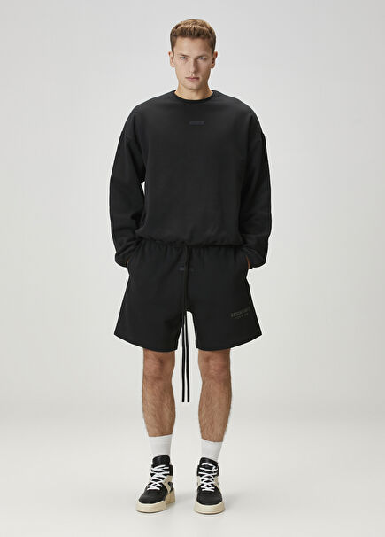 Soccer Siyah Beli Kordonlu Fleece Bermuda