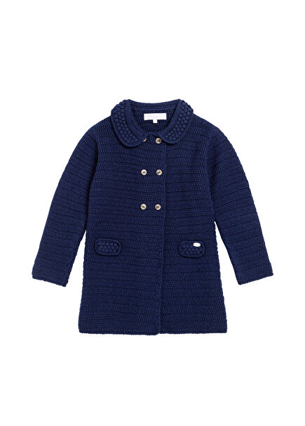 Lacivert Yün Denizci Düğmeli Örme Kız Çocuk Kaban