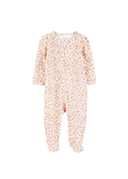 Çiçek Baskılı Ekru Uzun Kollu Kız Bebek Uyku Tulumu