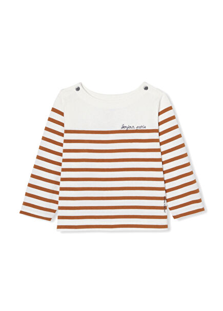 Beyaz Bej Breton Çıtçıtlı Yaka Uzun Kollu Erkek Bebek T-Shirt