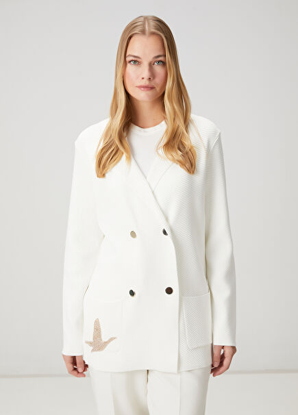 Ecru Double-Breasted Knit Jacket