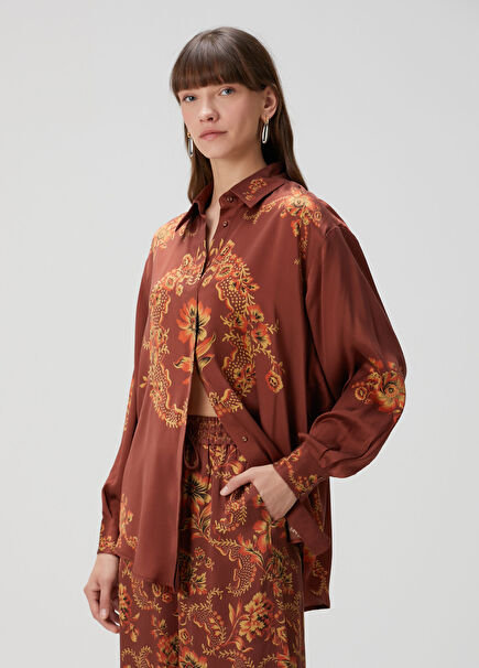 Seraphina Bordo Çiçekli İpek Gömlek