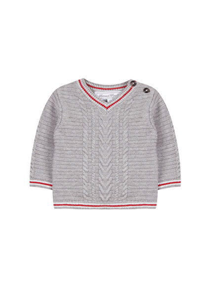V-Neck Boys' Sweater with Grey Knit Motif
