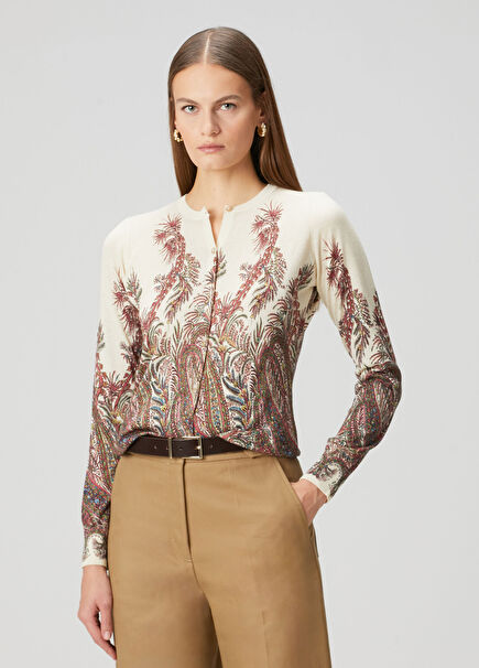 Ekru Şal Desenli İpek Hırka