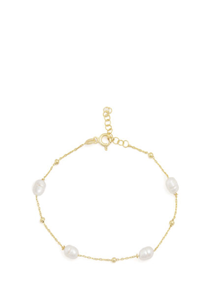 İncili 925 Ayar Gümüş 14 Ayar Altın Kaplama Kadın Zincir Bileklik