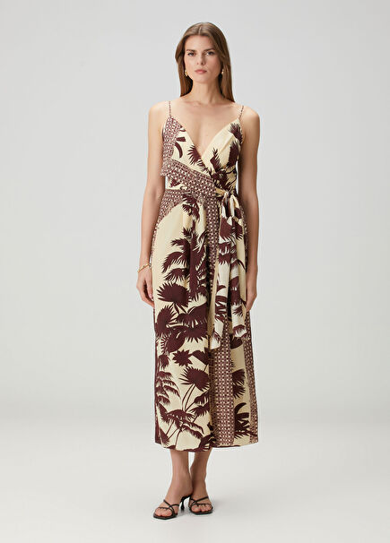 Nouvel Arome Ecru Print Midi Silk Dress