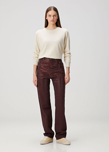 Bordo Taşlı Jean Pantolon