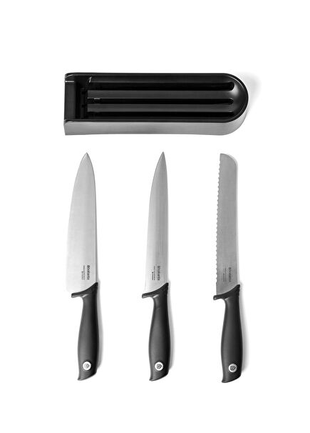 Tasty+ Koyu Gri Çekmece İçi 3'lü Çelik Bıçak Seti ve Bloğu
