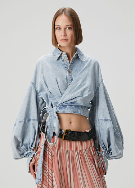 Rebellion Light Blue Crop Denim Shirt