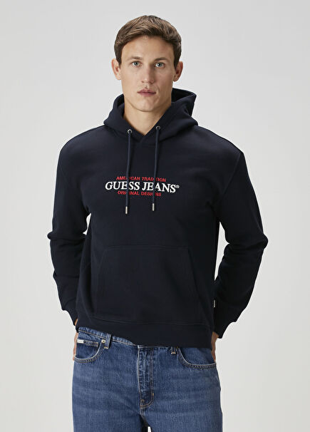 Lacivert Kapüşonlu Logo Nakışlı Sweatshirt