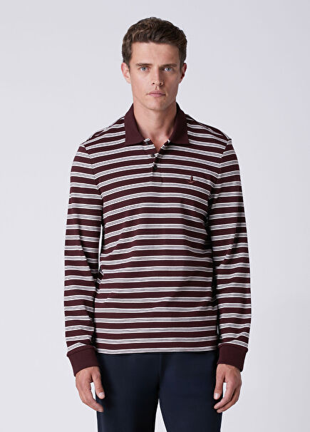 Comfort Fit Mürdüm Çizgili Interlock Sweatshirt