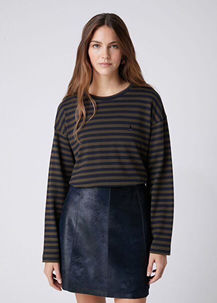 Khaki Navy Blue Striped Sweatshirt