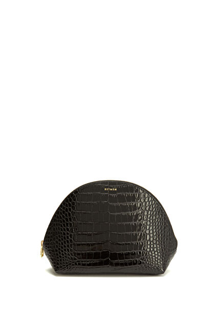 Black Crocodile Textured Leather Makeup Bag