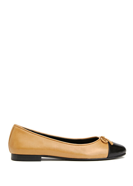 Cap Toe Beige Black Leather Ballet Flats