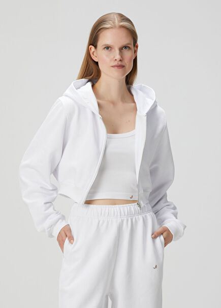 Aura White Zipper Crop Hoodie