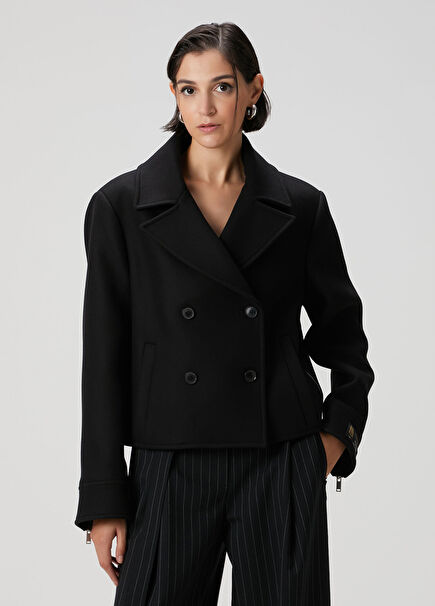 Black Zipper Detail Wool Double-Breasted Coat