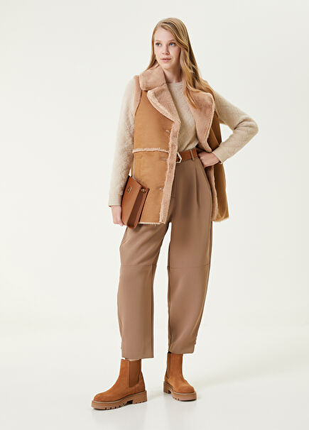 Camel Pileli Dökümlü Twill Pantolon