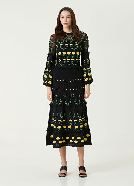 Black Floral Embroidered Midi Dress