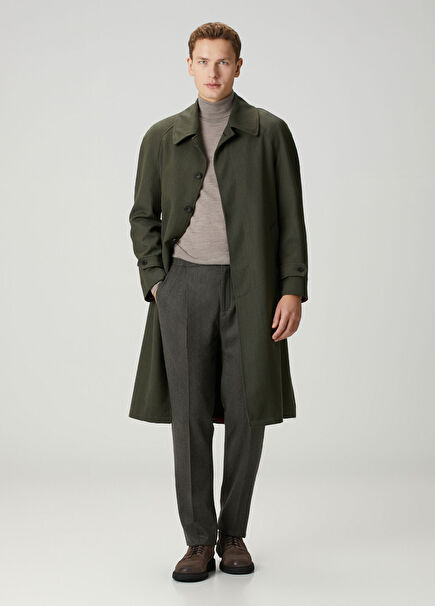 Haki Çift Pilili Yün Pantolon