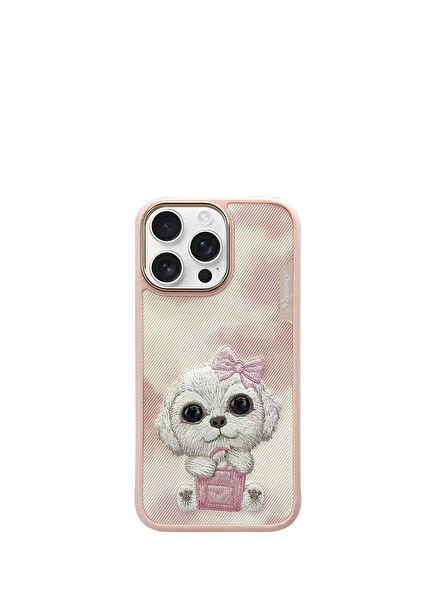 iPhone 16 Pro Compatible 3D Eye Pink Dog Detailed Real Embroidery Embossed New Big Eyes Phone Case