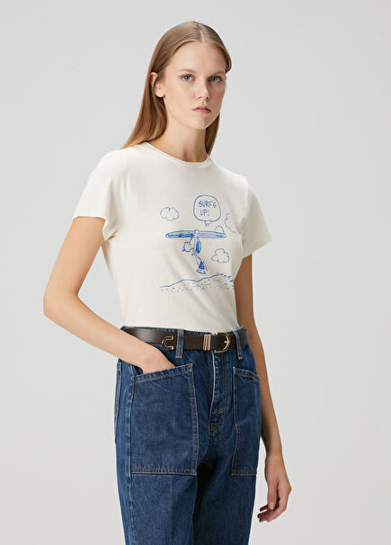 Classic Snoopy Surfs Up Kırık Beyaz T-shirt