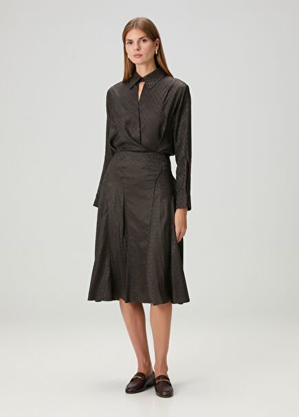 Kahverengi Jakarlı Midi İpek Etek