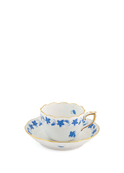 Guirlande De Raisins Desenli Mavi Porselen Kahve Fincanı ve Tabağı