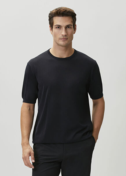 Navy Blue Logo Embroidered Silk T-Shirt