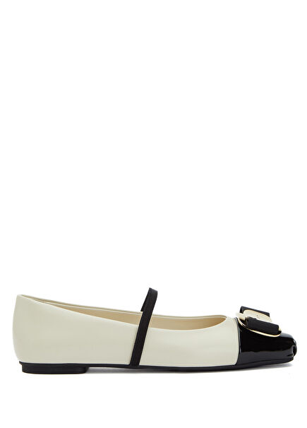 New Vara Ecru Black Leather Ballet Flats
