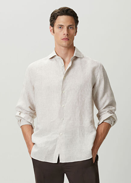 Beige Stripe Pattern Linen Shirt