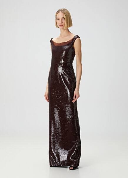 Brown Sequined Maxi Evening Dress