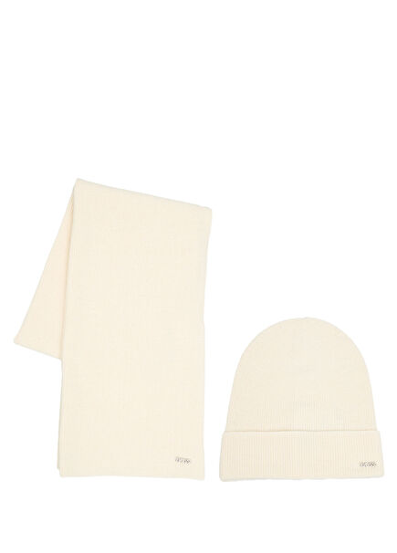 Liviliana Ekru Kadın Yün Atkı Bere Seti