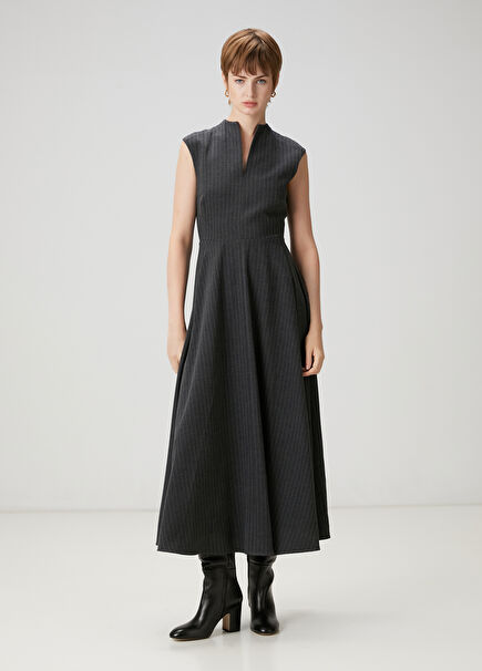 Grey Striped Midi Dress