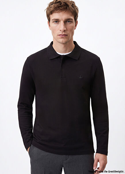 Comfort Fit Siyah Polo Yaka Interlok T-shirt