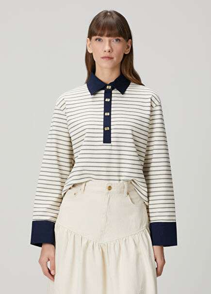 Cream Striped Polo Sweatshirt