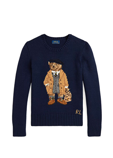 Navy Blue Teddy Bear Jacquard Girls Sweater