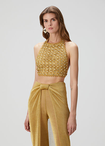 Gold Floral Embroidered Crop Blouse