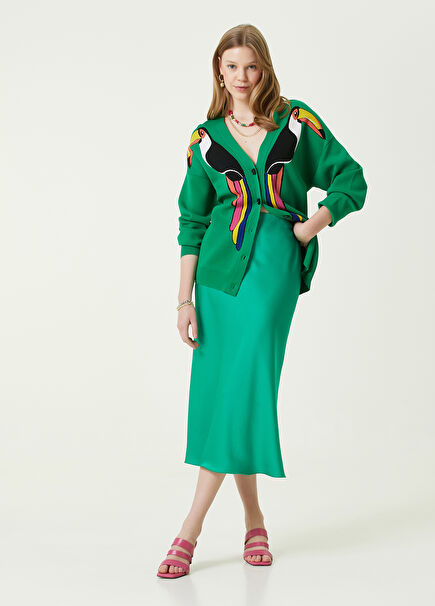 Yeşil Midi Evaze Saten Etek