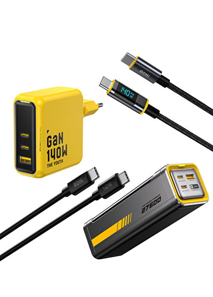   Youth 140W LED Ekranlı PD3.1 Powerbank 3 Portlu Süper Hızlı Şarj Adaptörü Data Kablosu Seti