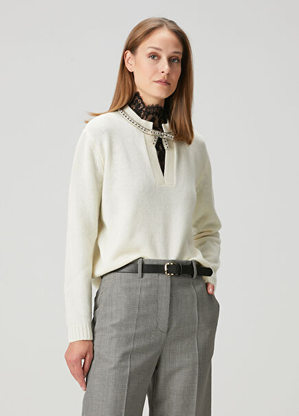 Ecru Embellished Wool Sweater
