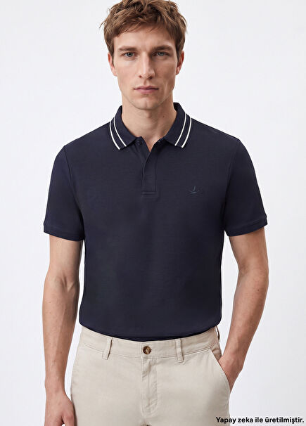 Navy Blue Comfort Fit Stiped Polo T-Shirt