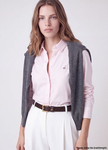 Pink Bird Logo Embroidered Basic Poplin Shirt