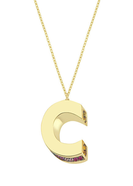 Rainbow Sapphires 3D C Letter Womens Gold Necklace