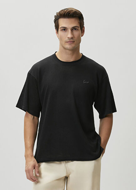 Signature Siyah Keten T-shirt