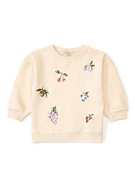 Beige Embroidered Girl's Organic Cotton Sweatshirt