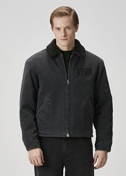 Black Collar Shearling Detailed Denim Coat