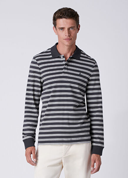 Comfort Fit Anthracite Polo Striped Sweatshirt