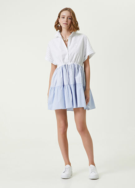 Blue Drawstring Waist Striped Mini Shirt Dress