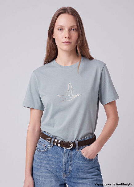 Mint Taşlı Kaz Logo Baskılı T-shirt
